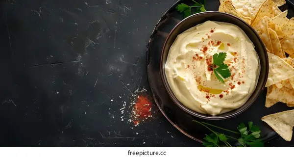 Homemade Hummus Dip with Pita Chips and Parsley on a Black Plate