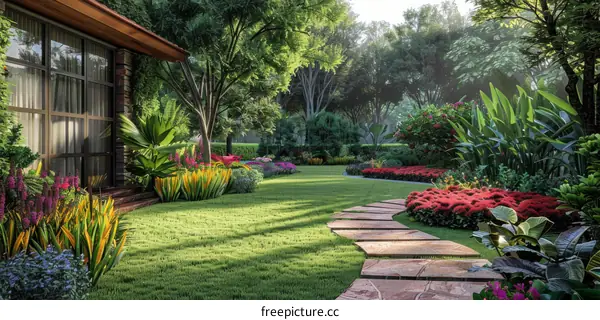 Luxurious Courtyard Oasis Adorned with Vibrant Tropical Flora