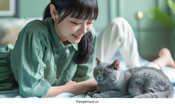 A young woman lying on a bed with a gray cat