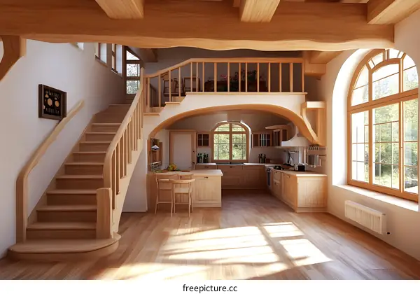 Modern Wooden Kitchen Interior Design With Staircase