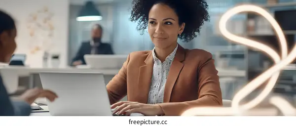 Smiling Woman Working on Laptop in Office