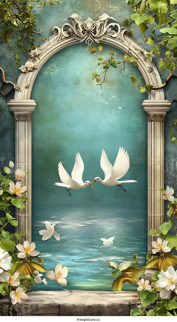 White Birds Flying Over a Stone Archway With Blue Water and Flowers