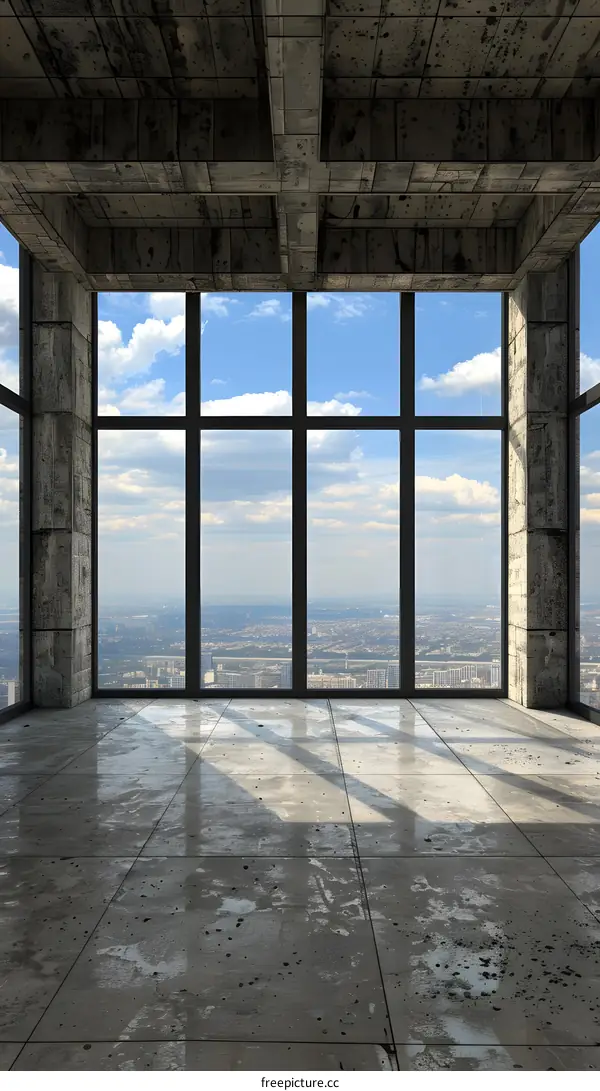 Empty Room With Cityscape View From Large Windows