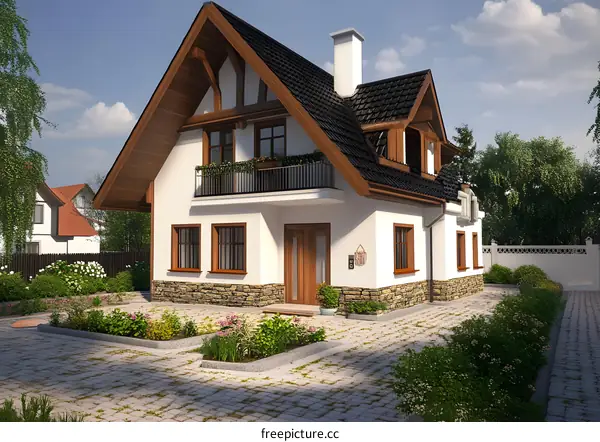 Modern White House with Balcony and Stone Exterior