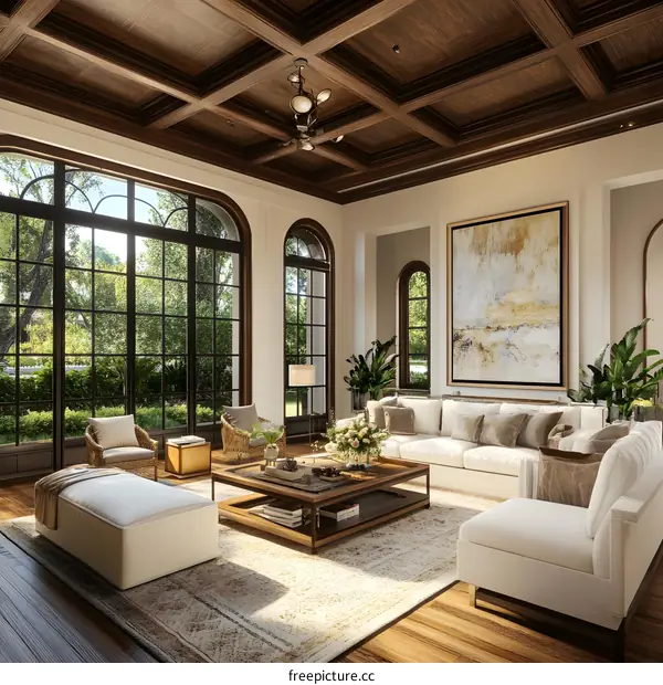 Modern Living Room with Wooden Beam Ceiling and Large Windows