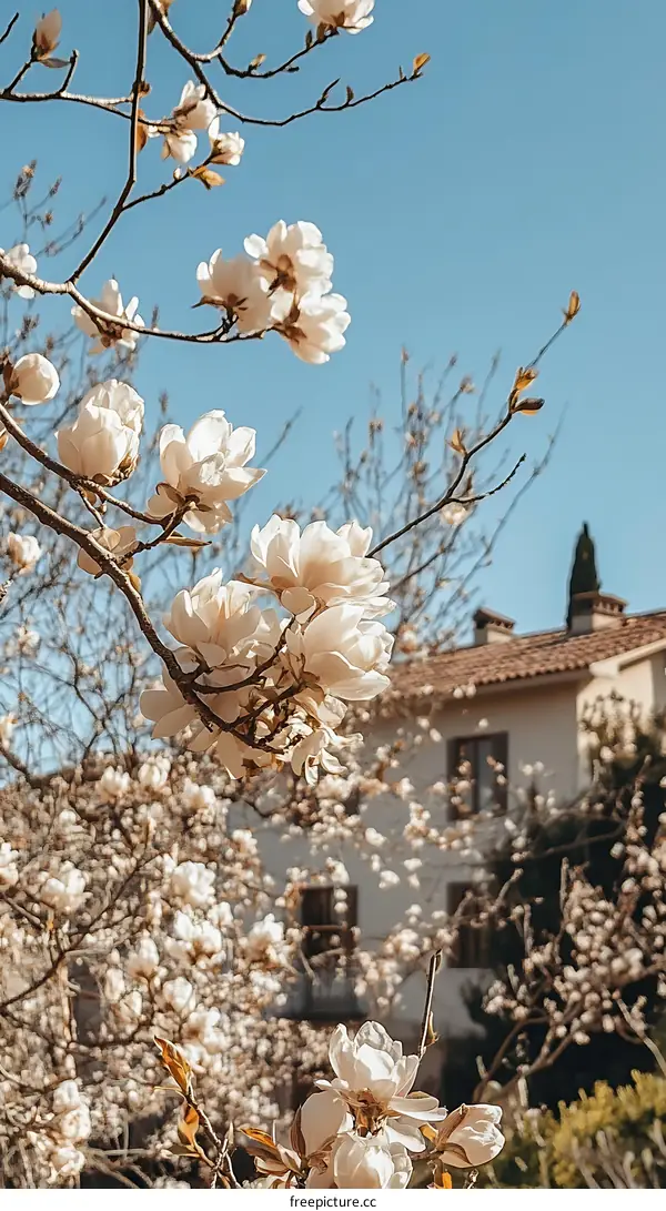 White Magnolia Flowers in Bloom on a Sunny Day