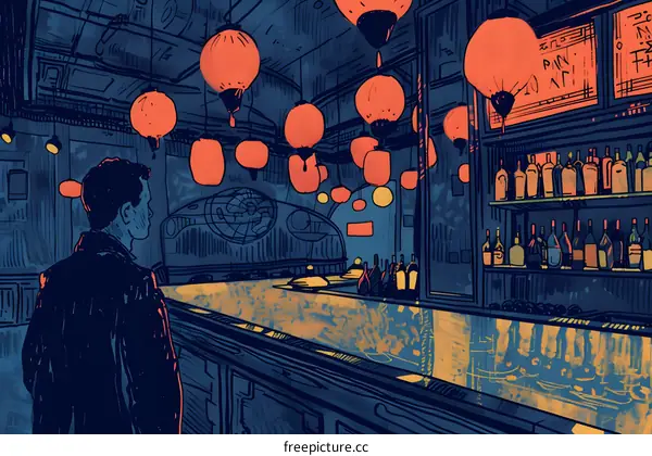 Man Standing at a Bar with Red Lanterns