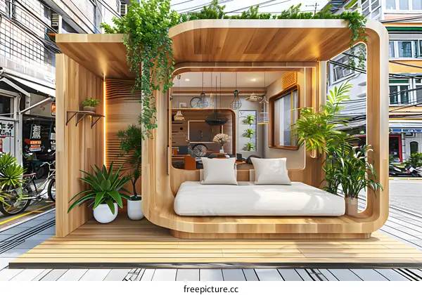 Modern Wooden Outdoor Structure with Plants and a Bench