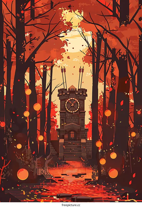Autumn Forest with Tower and Clock
