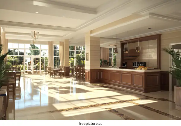 Modern Interior Design with Wooden Counter and Large Windows