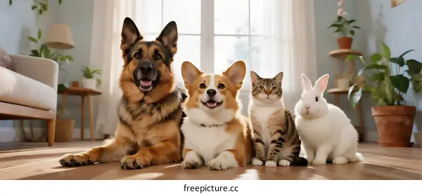 A group of cute pets including a dog, cat, and rabbit lying on the floor