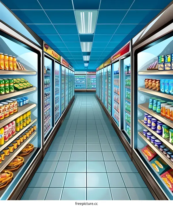 Illustration of a Grocery Store Aisle with Shelves of Products