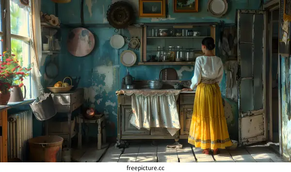 Woman in a Yellow Skirt in a Rustic Kitchen
