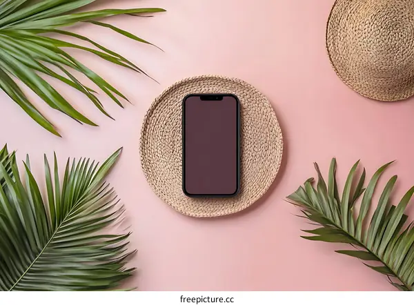 Smartphone Mockup with Palm Leaves and Straw Hat on Pink Background