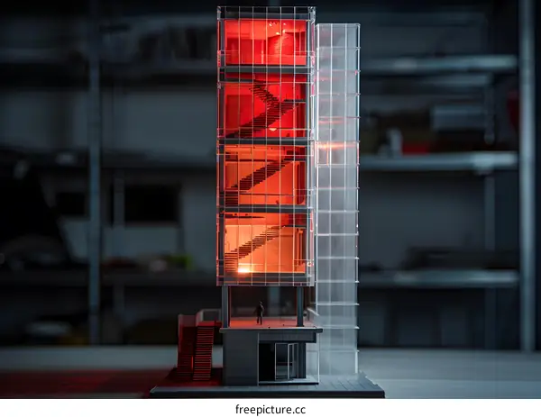 Modern Architecture Building Model With Red Lights