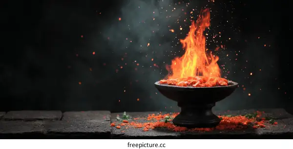 Fiery Food Display with Dramatic Flames