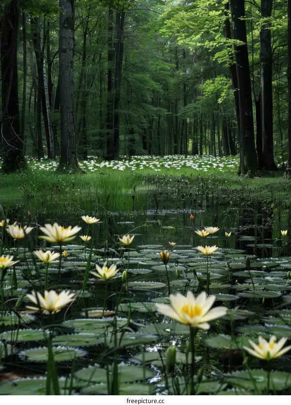 Mystical Forest Pond with Glowing Water Lilies