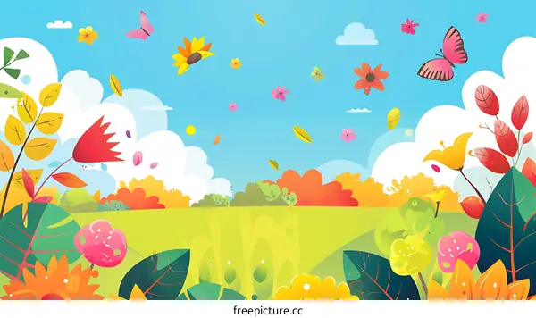 Colorful Spring Flowers and Butterflies Illustration