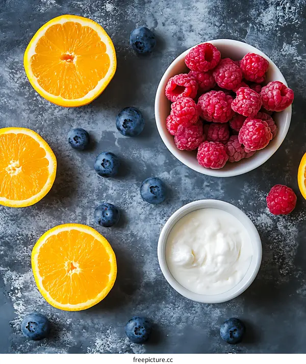Fresh Orange Slices, Raspberries and Blueberries with Yogurt on a Gray Background