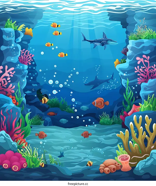 Colorful Underwater Scene with Fish and Coral Reefs