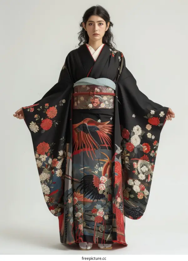 A woman wearing a black kimono with red and white floral patterns and a red obi.