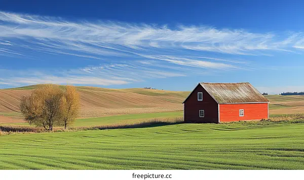 Rural Landscape with Red Barn and Rolling Hills