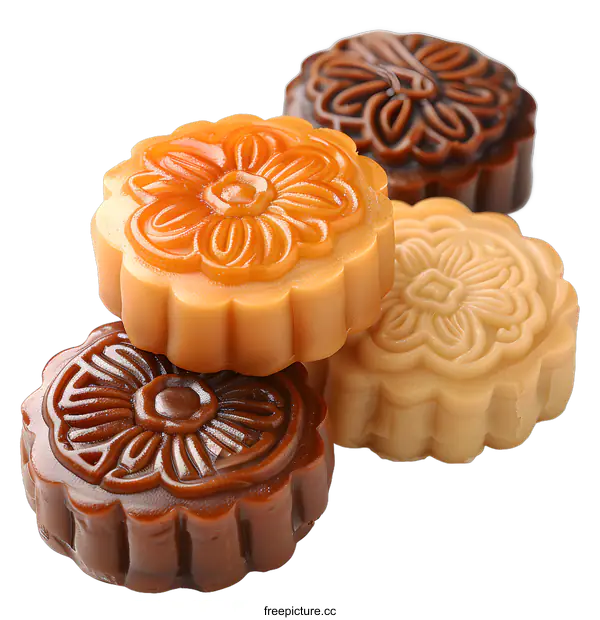 [Transparent Background PNG]Four mooncakes of different colors and patterns
