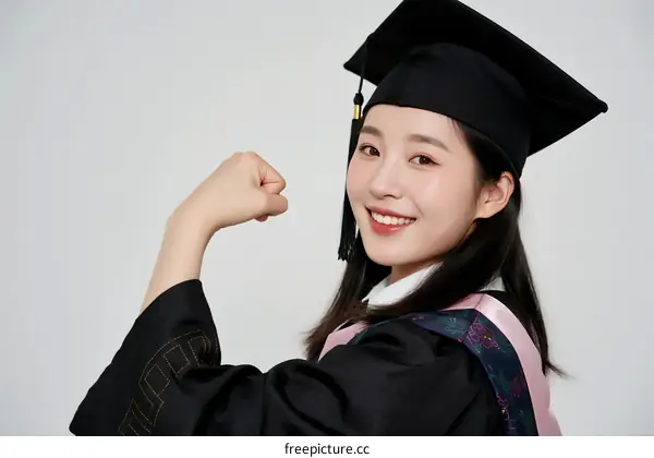 Young graduate showing muscle in graduation gown and cap