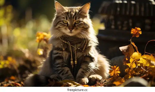 A cute cat wearing a golden necklace is sitting on the ground with fallen leaves around it