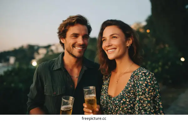 Couple Celebrating with Champagne Outdoors