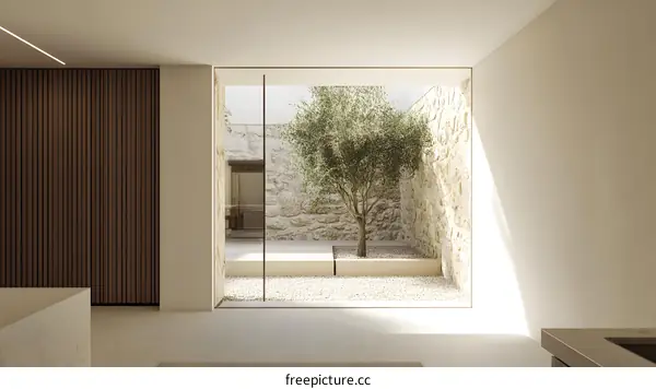 Modern Minimalist Interior Design With Stone Walls and Olive Tree