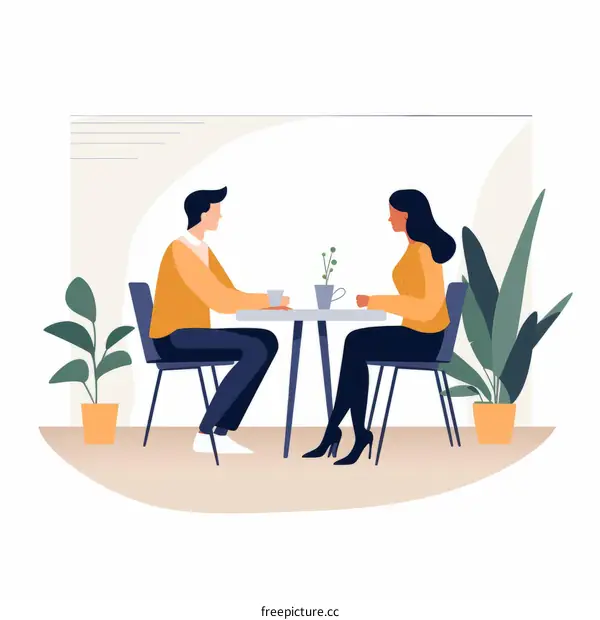 A man and a woman are sitting at a table and talking