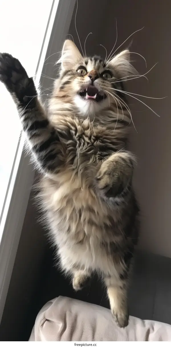 A ginger cat is jumping in the air with its mouth wide open