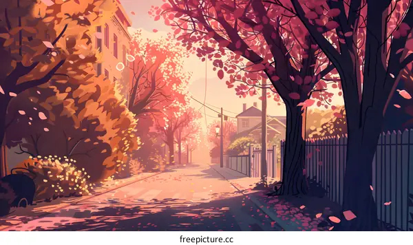Autumn Street Scene with Pink and Yellow Leaves