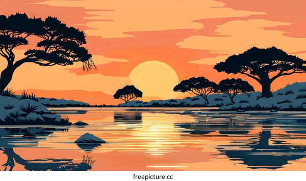 African Sunset Landscape With Lake and Trees