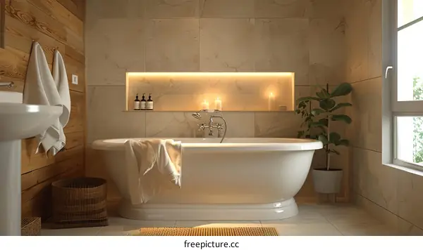 Bathroom interior with bathtub, towels, candles and plant