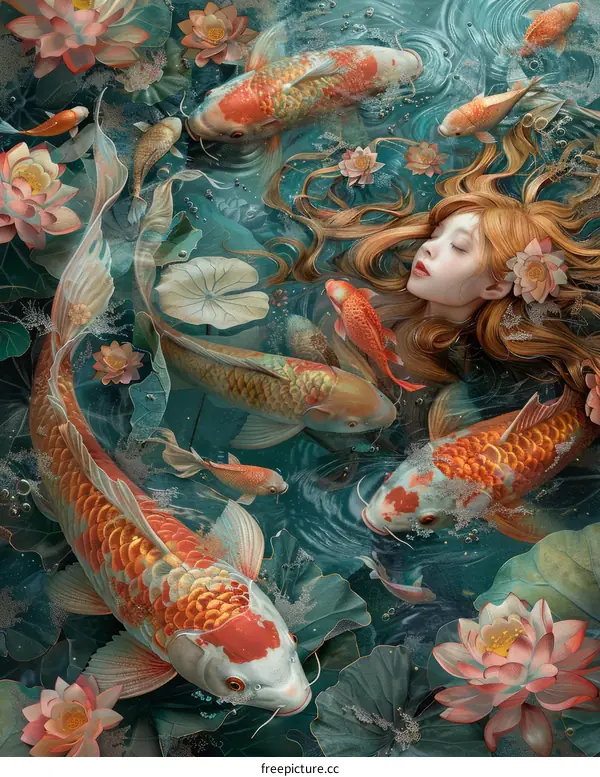 An illustration of a woman swimming in a pond with koi fish
