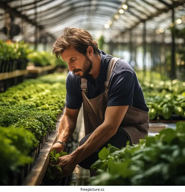 Male greenhouse worker checking on young plants