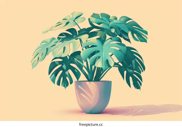 3D illustration of a potted Monstera deliciosa plant