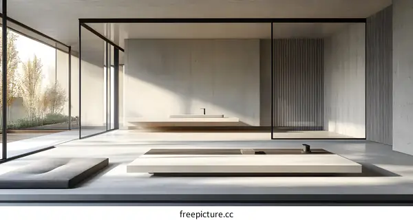 Minimalist Modern Bathroom Interior Design With Concrete Walls And Large Windows