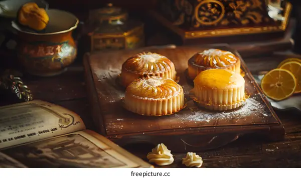 Freshly Baked Apple Tartlets with Lemon Slices on Wooden Cutting Board