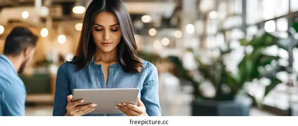 Young Woman Uses Tablet In Modern Office