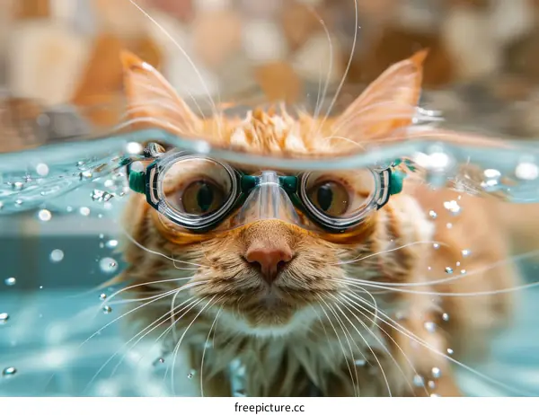 A ginger cat wearing swimming goggles is swimming in a pool of water