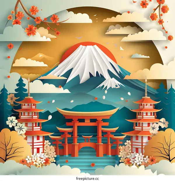 Mount Fuji with Torii Gate and Pagoda Papercut