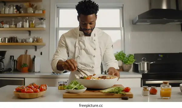 African American Man Cooking a Salad in Kitchen