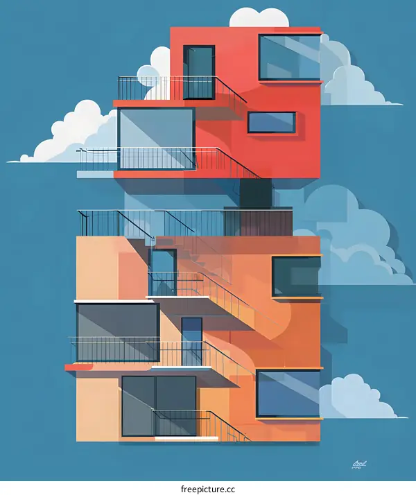 Modern Minimalist Illustration of a Building with a Blue Sky Background