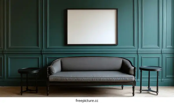 Elegant Teal Living Room Mockup with Sofa and Blank Frame