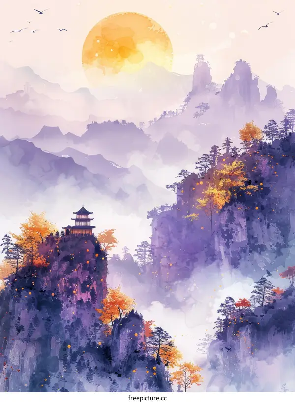 Misty Mountain Landscape With Traditional Chinese Pavilion