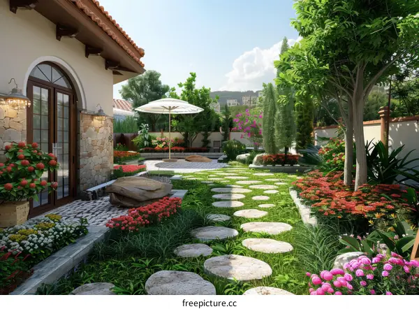 Courtyard with flowers and trees