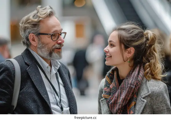 A man and a woman are talking and smiling